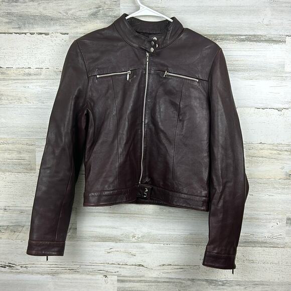 Vintage Oasis womens 12 Burgundy leather cropped leather jacket biker lined soft - Picture 1 of 9